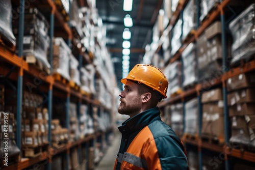 A focused warehouse employee in safety gear examines stock in an industrial setting