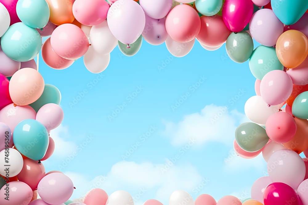 A high-definition capture showcases balloons in a delightful array, encircling an empty birthday frame, ready to document moments of merriment.