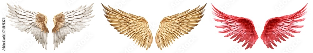 Obraz premium Set of long extended white bronze relic, gold red, angel devil wings on transparent background cutout, PNG file. Mockup template for artwork graphic design