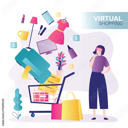 Virtual reality, digital shopping. Woman shopper wearing VR glasses having 3d experience in shopping in the metaverse. Internet shopping, smart girl uses new technology.