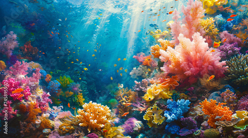 A vibrant underwater scene with a coral reef.