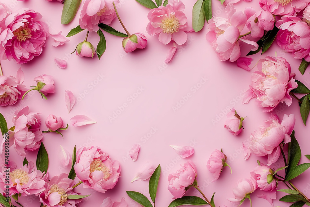 Women's Day, Mother's day top view, light pink solid background; frame from pink pions flowers, studio light Women's Day, Mother's day top view, light pink solid background; frame from pink pions flowers, studio light