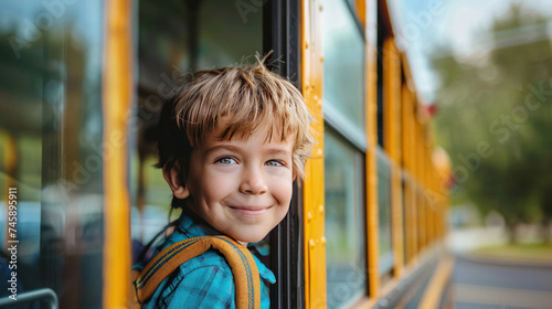 Happy child boy standing in the school bus. Back to school concept.