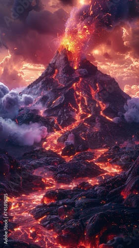 Fiery Power of a Volcano in Eruption, Illuminating the Night Sky with Red-Hot Lava and Glowing Ash. Witnessing the Inferno