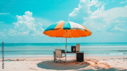 Idyllic beachside remote working station complete with an office desk and coffee machine under a vibrant umbrella  blending work and leisure by the sea