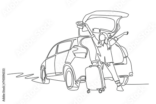 Expression of happy woman while preparing to go on holiday , Drawing by simple continuous line. holiday minimalist concept. simple line.