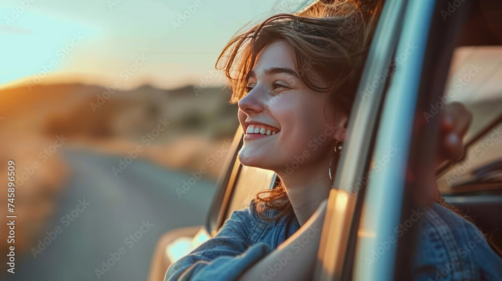 Fototapeta premium Portrait of a cute smiling woman leaning out of the car window. Female happy in car while traveling on the road.