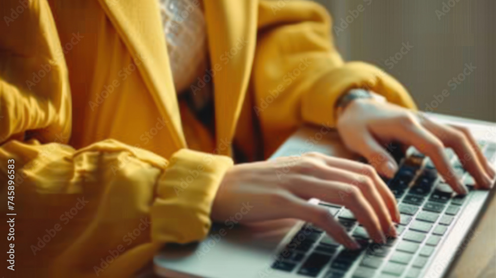 Obraz premium Close-up of hands woman wearing yellow clothes typing on laptop keyboard. Working, Studying, Shopping online concept.