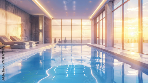 modern luxury indoors swimming pool with large windows in soft sunset light.