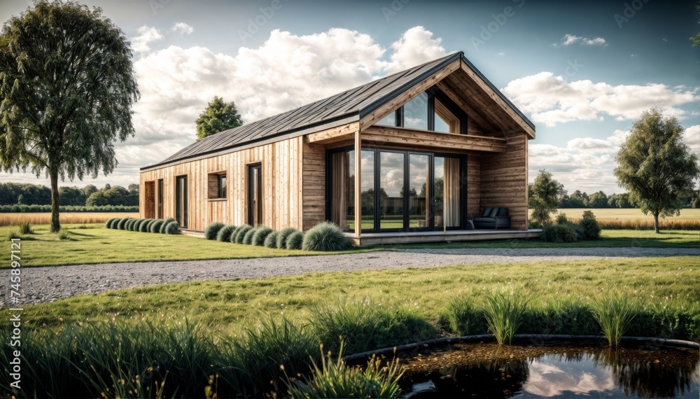Modern wooden house on the meadow with grass and lake in the background Modern wooden house on the meadow with grass and lake in the background