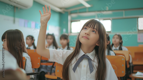 cute asiam girl student rasie her hand in the classroom.