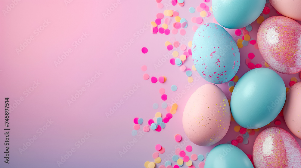 pastel pink blue colors Easter Eggs on side border over pink banner background. Copy space, top view pastel pink blue colors Easter Eggs on side border over pink banner background. Copy space, top view