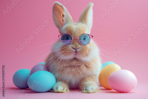 Easter bunny in sunglasses sitting surrounded painted Easter eggs on pink background. space for text