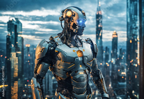 Humanoid robotic human with artificial intelligence on big city background. Concept of artificial intelligence controlling the peaceful life of humanity.