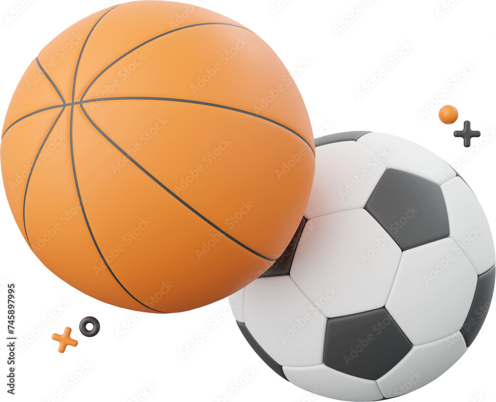 Basketball and football, 3d illustration elements of school supplies