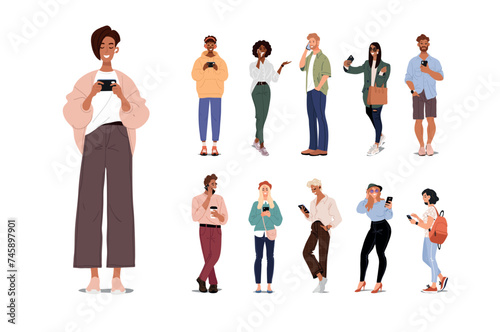 People using phone character set. Men and women chatting, listen to music, make a video call, take a selfie. Modern flat cartoon vector characters.