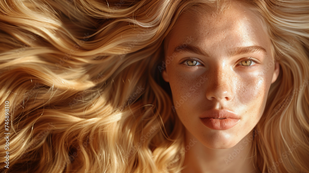 Naklejka premium portrait of a woman,beautiful healthy shiny hair texture