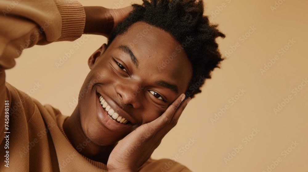 Fototapeta premium Young man with a joyful expression, celebrating the simplicity and happiness found in everyday self-care