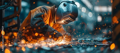 A worker in protective gear using welding equipment to join metal parts photo