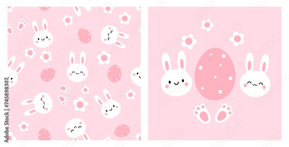 Seamless pattern with bunny rabbit cartoon, Easter eggs, foot print and daisy flower on pink background.