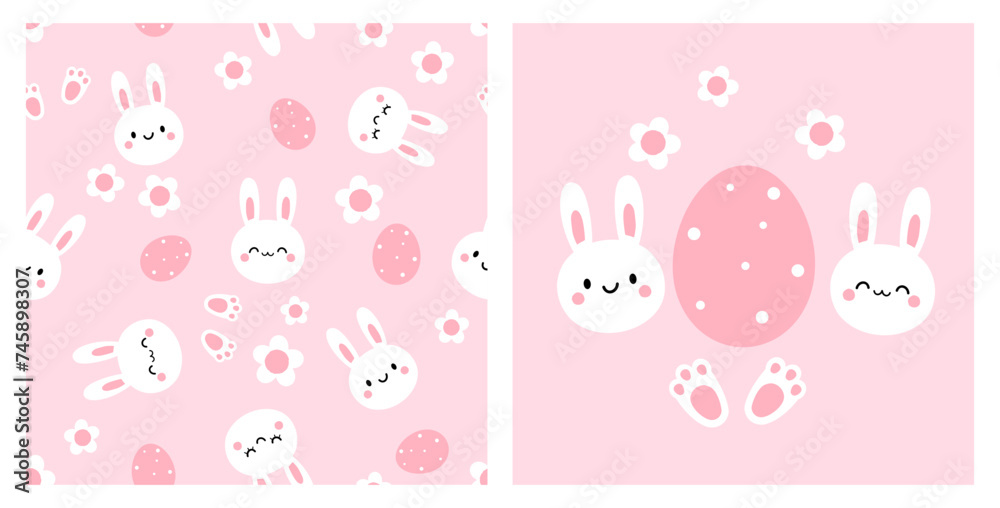 Seamless pattern with bunny rabbit cartoon, Easter eggs, foot print and daisy flower on pink background. Seamless pattern with bunny rabbit cartoon, Easter eggs, foot print and daisy flower on pink background.