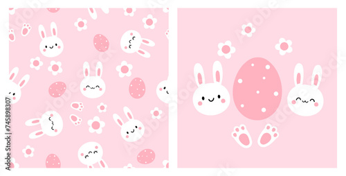Seamless pattern with bunny rabbit cartoon, Easter eggs, foot print and daisy flower on pink background.