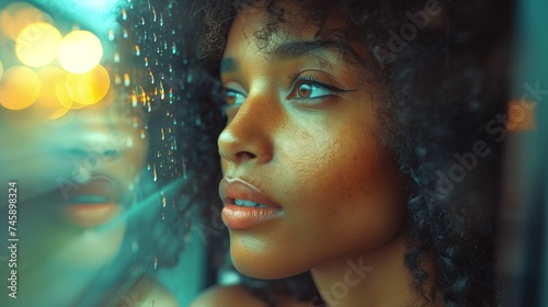 black woman through the window of a moving subway, motion blur