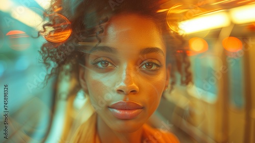 black woman through the window of a moving subway, motion blur