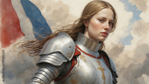 Joan of Arc in Armor: The Siege of the City of Orleans with the French Army and the Tricolor Flag in the Background. photo