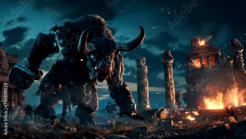 an angry minotaur. Seamless looping time-lapse virtual 4k video animation background photo