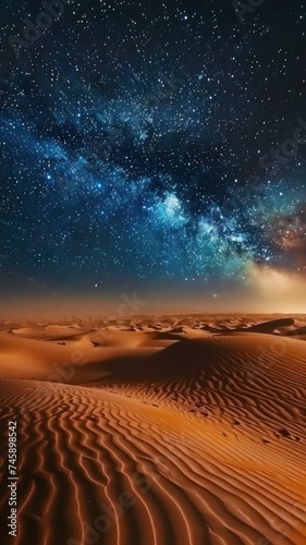 Starry Night Over the Desert Sands. A Grand Canvas of Adventure and Solitude. Under the Darkening Sky, the Desert Reveals Its Mysteries and Majesty
