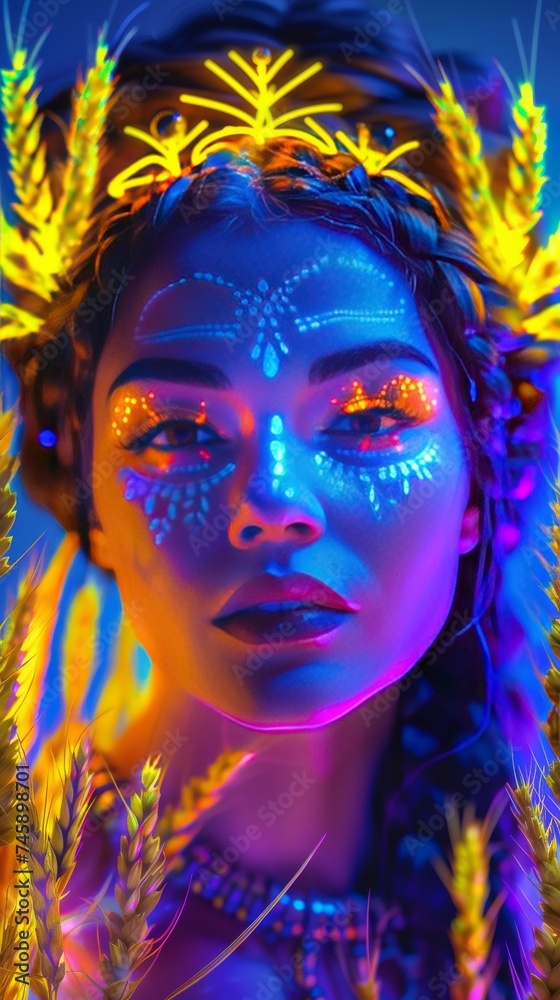 Fototapeta premium The Greek goddess Demeter goddess of harvest depicted with radiant neon strands of wheat