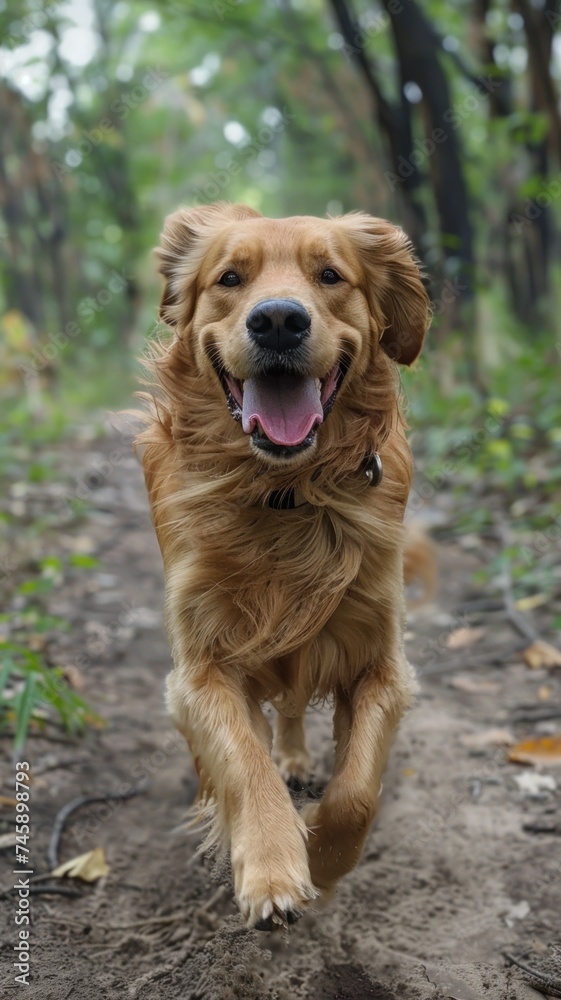 Joyful Golden Retriever Frolicking in the Meadow. A Portrait of Canine Happiness. Against the Lush Green Grass and Vibrant Flowers of Spring