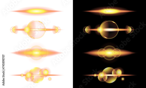Collection of Golden Glowing Light Effects on Transparent Background: Solar Flares, Rays, and Glare, with Shimmering Sparkles