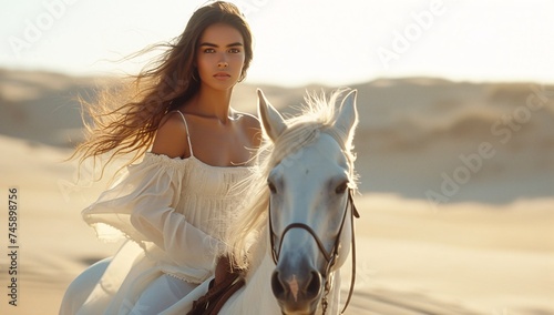 A striking woman with intense gaze poses on a white horse in a desert landscape, radiating elegance photo