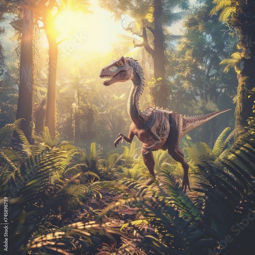 Dinosaurs Roaming in the Primeval Forest. A Glimpse into Prehistoric Times. Among Towering Trees and Dense Foliage, Mighty Dinosaurs Rule the Land © Thares2020