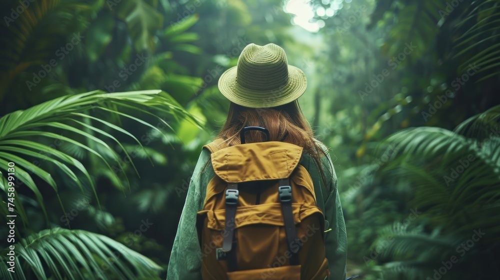 Woman Trekking Through the Wilderness. A Journey into the Heart of Nature's Splendor. With Backpack Strapped and Hat Donned