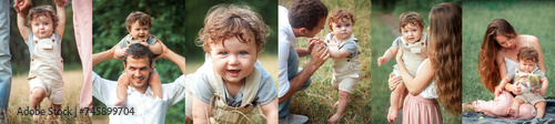Collage. Happy young family, mother, father and little baby spending time outdoors, playing in nature on warm summer day. Concept of childhood, health care, wellness, lifestyle. Banner © master1305