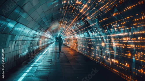 A lone figure walks down a futuristic tunnel illuminated by patterns of glowing digital code, symbolizing the intersection of reality and virtual worlds.