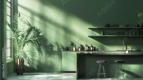 Elegance of a minimalist green kitchen, sophisticated design elements and subtle green hues come together to create a chic and inviting space for cooking and entertaining