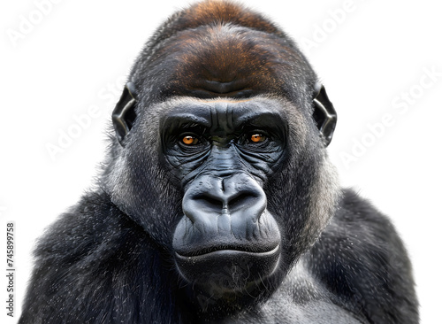 Gorilla Portrait. Great ape on white background. 