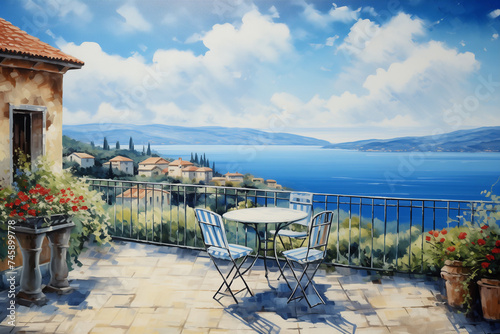 Sea view from the balcony. Sunny day, terrace with a wonderful view. The city by the sea. Vacation concept