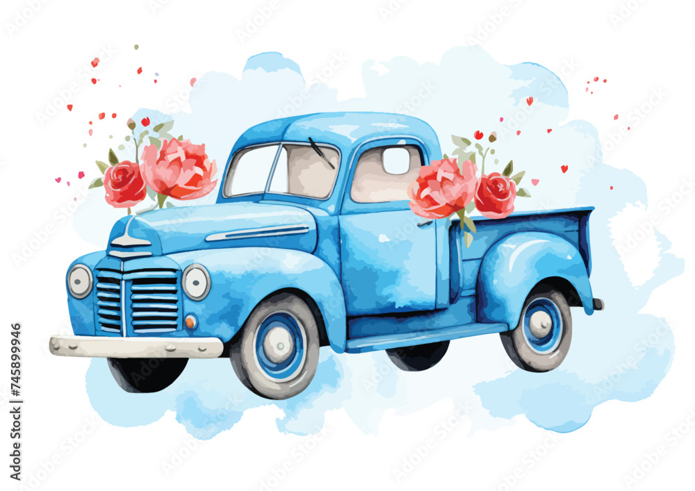 Blue Retro Truck With Hearts. Cute Vintage Pickup Truck