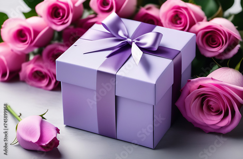 lilac gift box surrounded by flowers