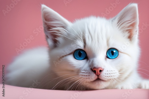 White Kitten with Blue Eyes on a Pastel Background