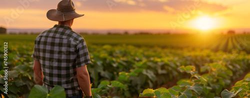 A Farmer Stands in a Lush Green Soybean Field.
