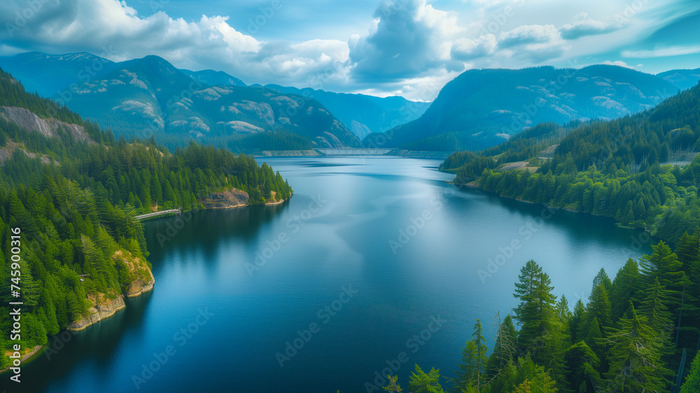 Tranquil Mountain Lake Surrounded by Lush Evergreen Forest.