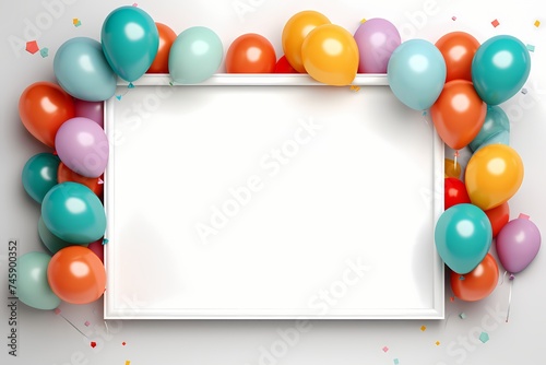 Balloons in high-resolution brilliance assemble around an empty birthday frame, poised to document the upcoming celebration with vivid colors and merriment.