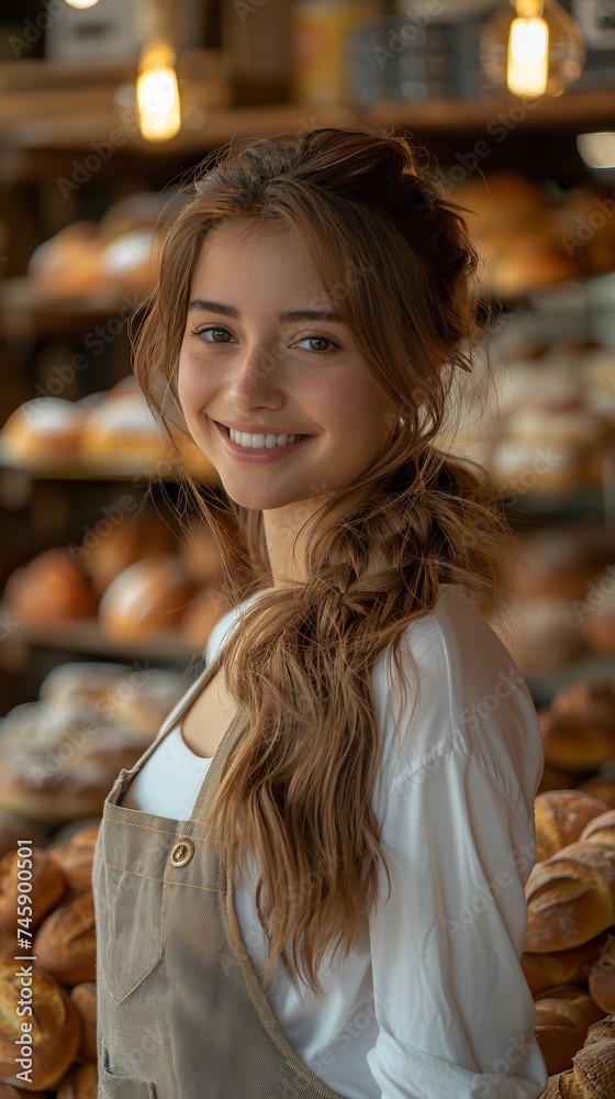 pretty sales woman sales bread in a clean and modern bakery pretty sales woman sales bread in a clean and modern bakery