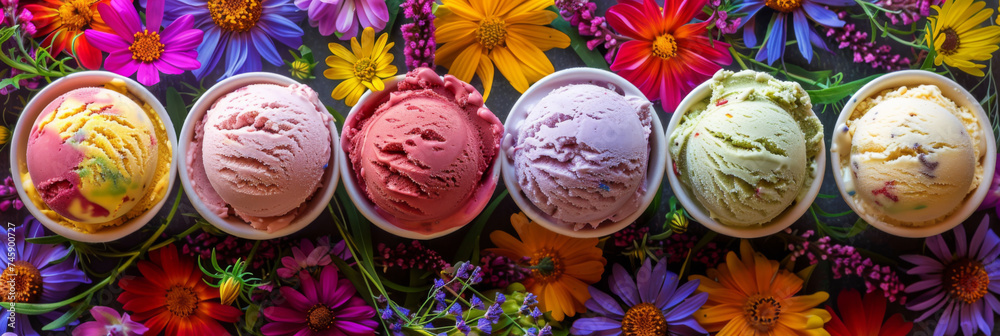 Different flavors of ice cream in scoops in different waffle cups with wild flowers and bright colors. Generative AI